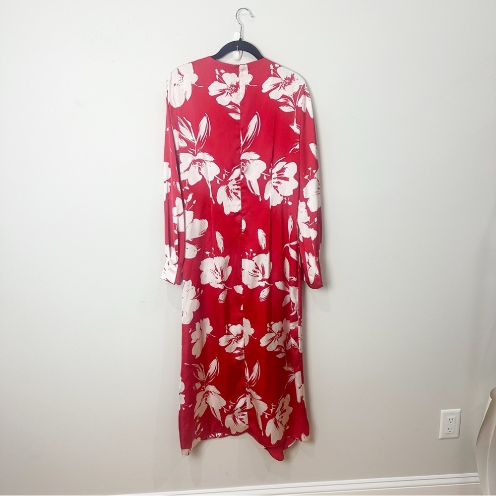 Zara Red Satin Floral Long Sleeve Dress - Picture 3 of 9